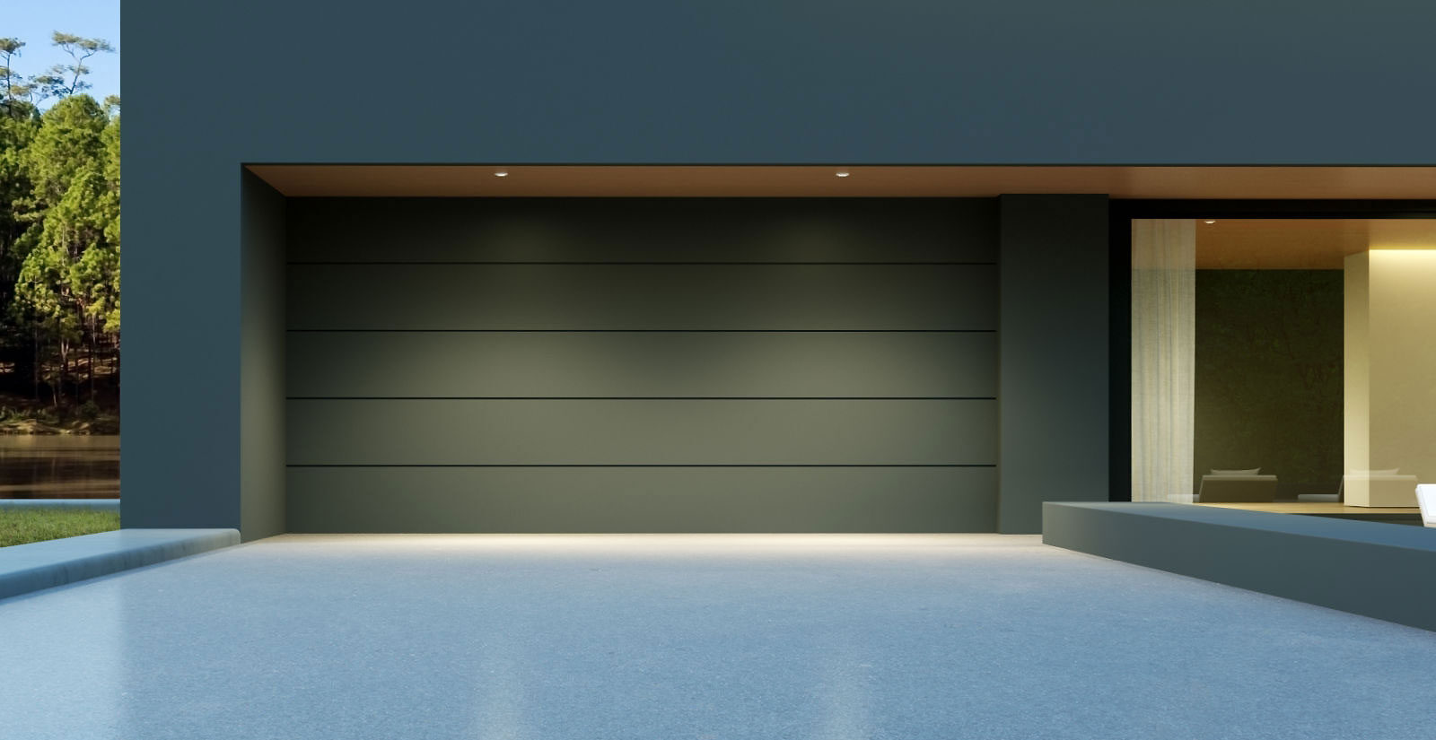 Flush dark sectional garage door on a contemporary house